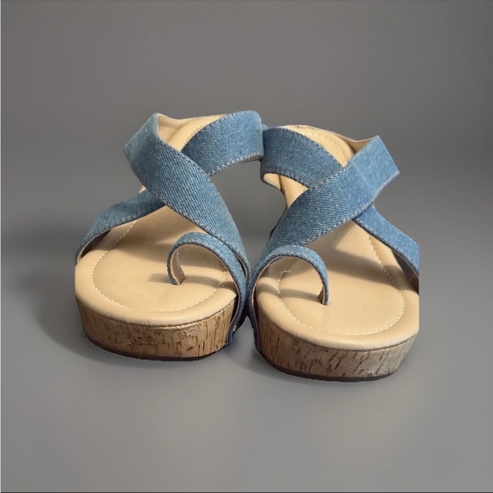 Comfort Denim Wedge Sandals Women’s Size 9 – Cork Platform Slip-On Toe